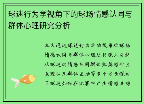 球迷行为学视角下的球场情感认同与群体心理研究分析
