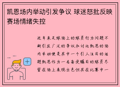 凯恩场内举动引发争议 球迷怒批反映赛场情绪失控
