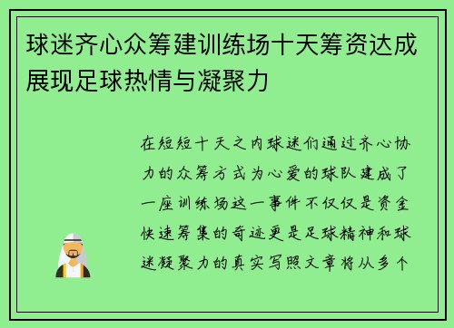 球迷齐心众筹建训练场十天筹资达成展现足球热情与凝聚力