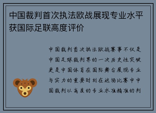 中国裁判首次执法欧战展现专业水平获国际足联高度评价 中国裁判首次执法欧战展现专业水平获国际足联高度评价